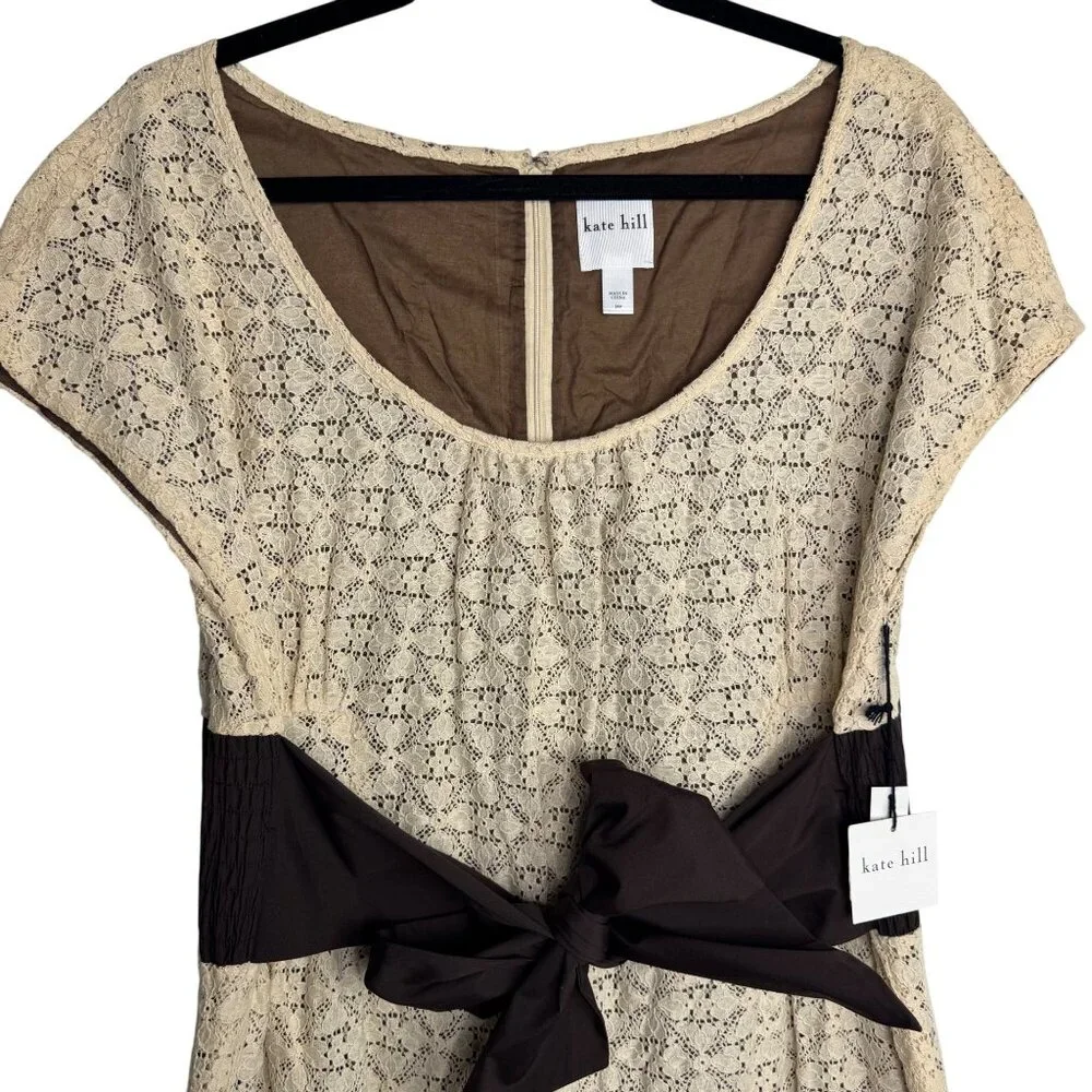 NWT Kate Hill Beige & Brown Lace Dress‎ Bow Tie Waist Cottagecore Prairie Sz 14P